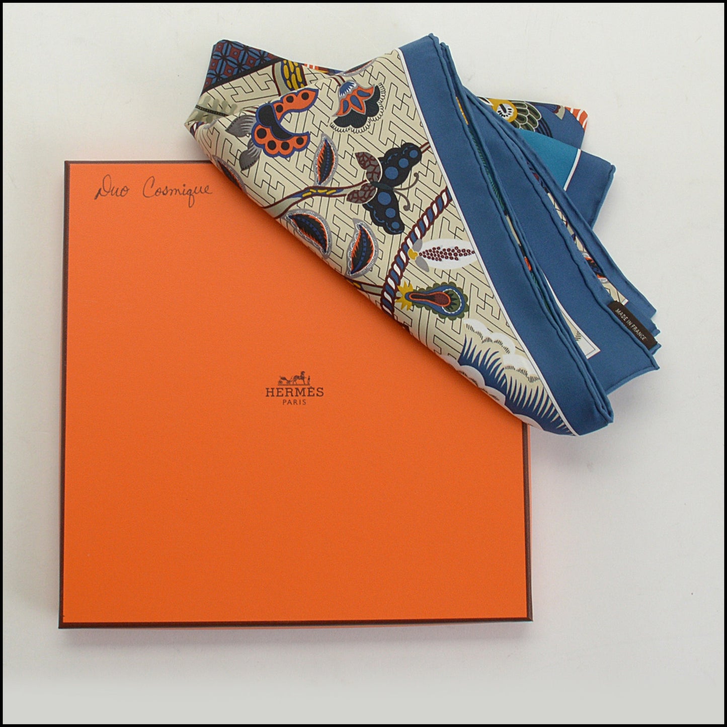 RDC14896 HERMES Bleu Moyen/Multi "Duo Cosmique" 90 Silk Scarf
