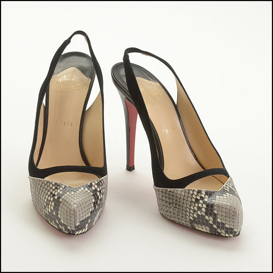 RDC15537 CHRISTIAN LOUBOUTIN Black Suede Grey Python Slingback 120 Pumps Size 41