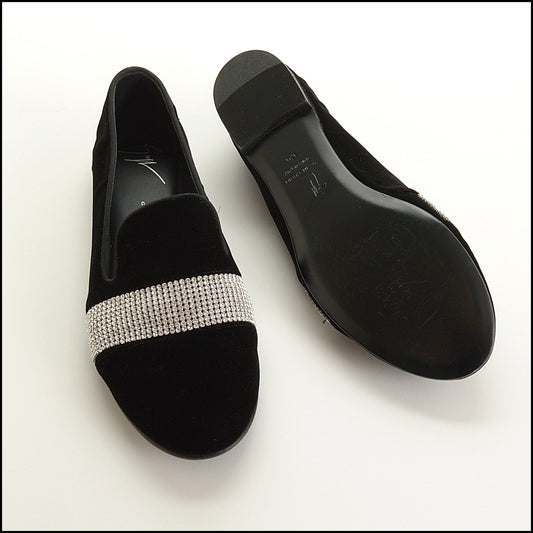 RDC15630 GIUSEPPE ZANOTTI Black Velvet Crystal Loafers Size 37.5