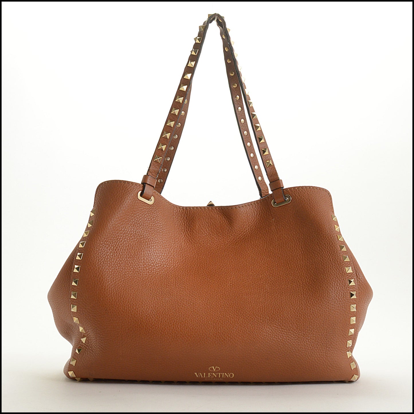 RDC15544 VALENTINO Saddle Brown Grainy Calfskin Rockstud Tote Medium