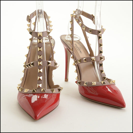 RDC15543 VALENTINO Red Patent Leather Rockstud Cage Heels Size 37.5