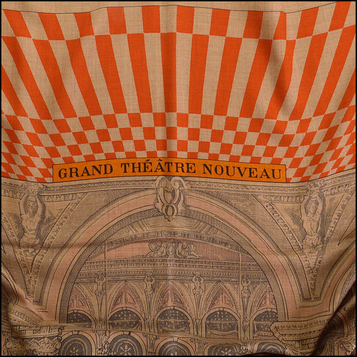 RDC14923 HERMES Orange/Beige Cashmere Silk "Grand Theatre Nouveau" 140 Large Shawl/Scarf