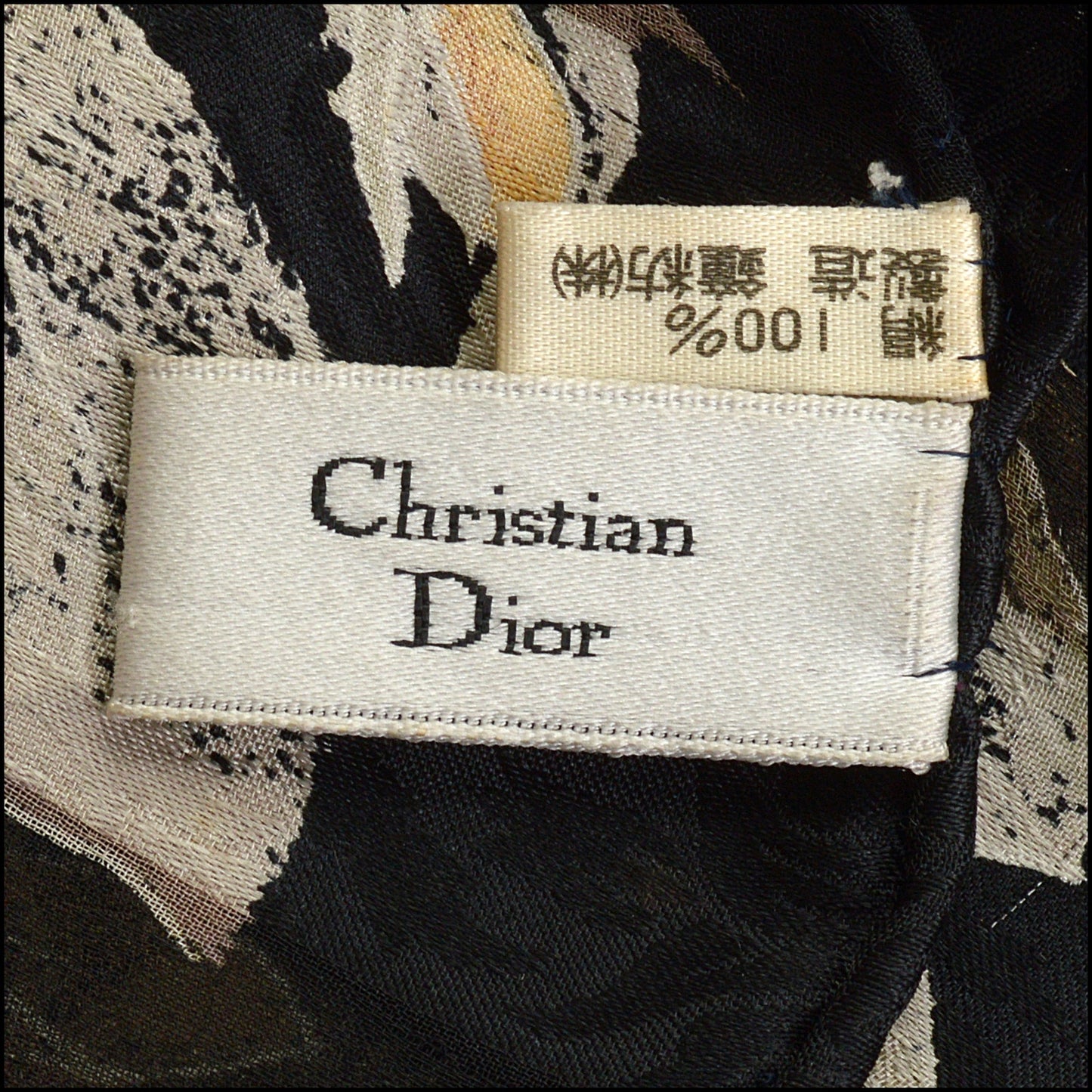 RDC14890 CHRISTIAN DIOR Vintage Black/Gold Flowers & Leaves Large Scarf