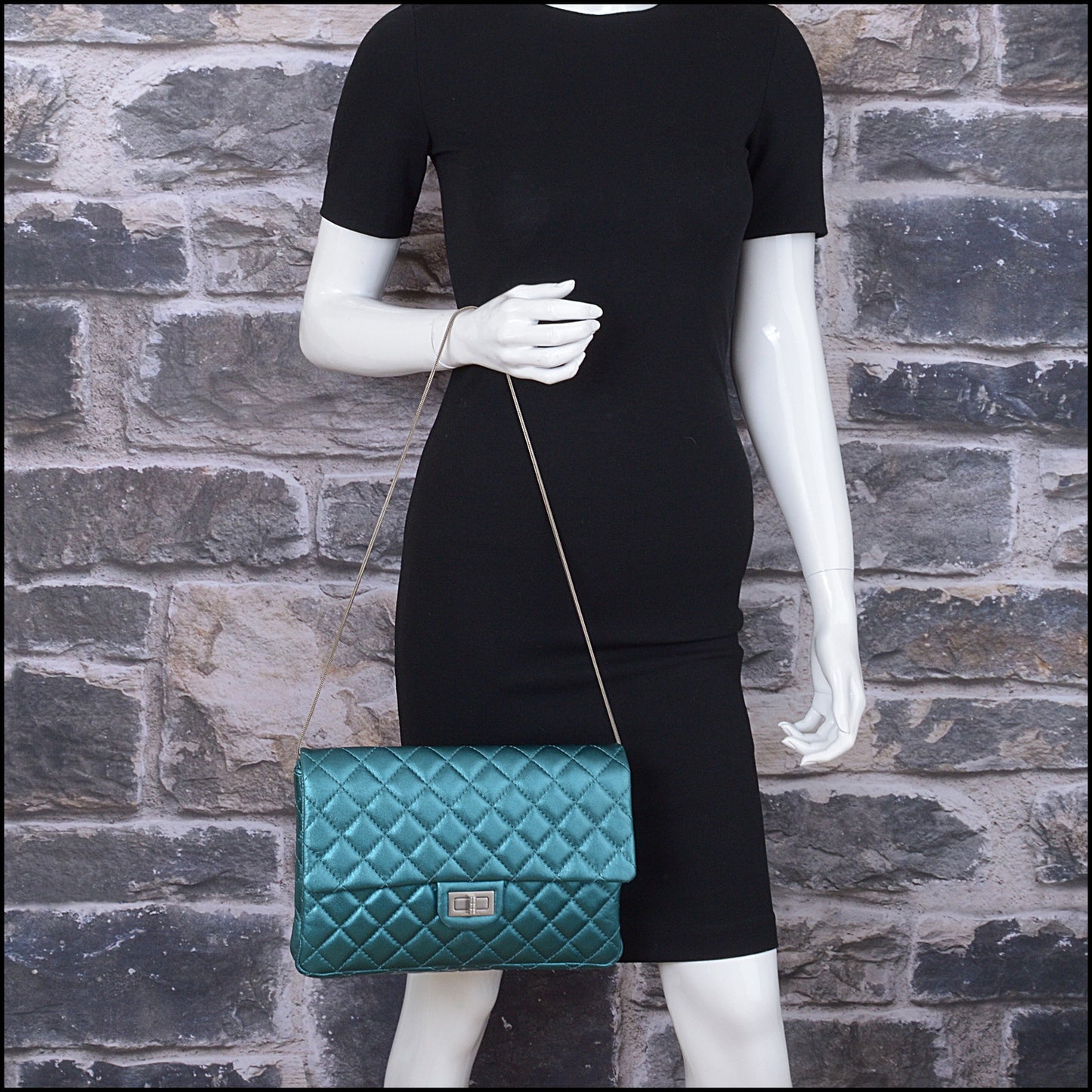 RDC14970 CHANEL '08-09 Teal Metallic Reissue Flap Clutch Snake Chain Shoulder Bag