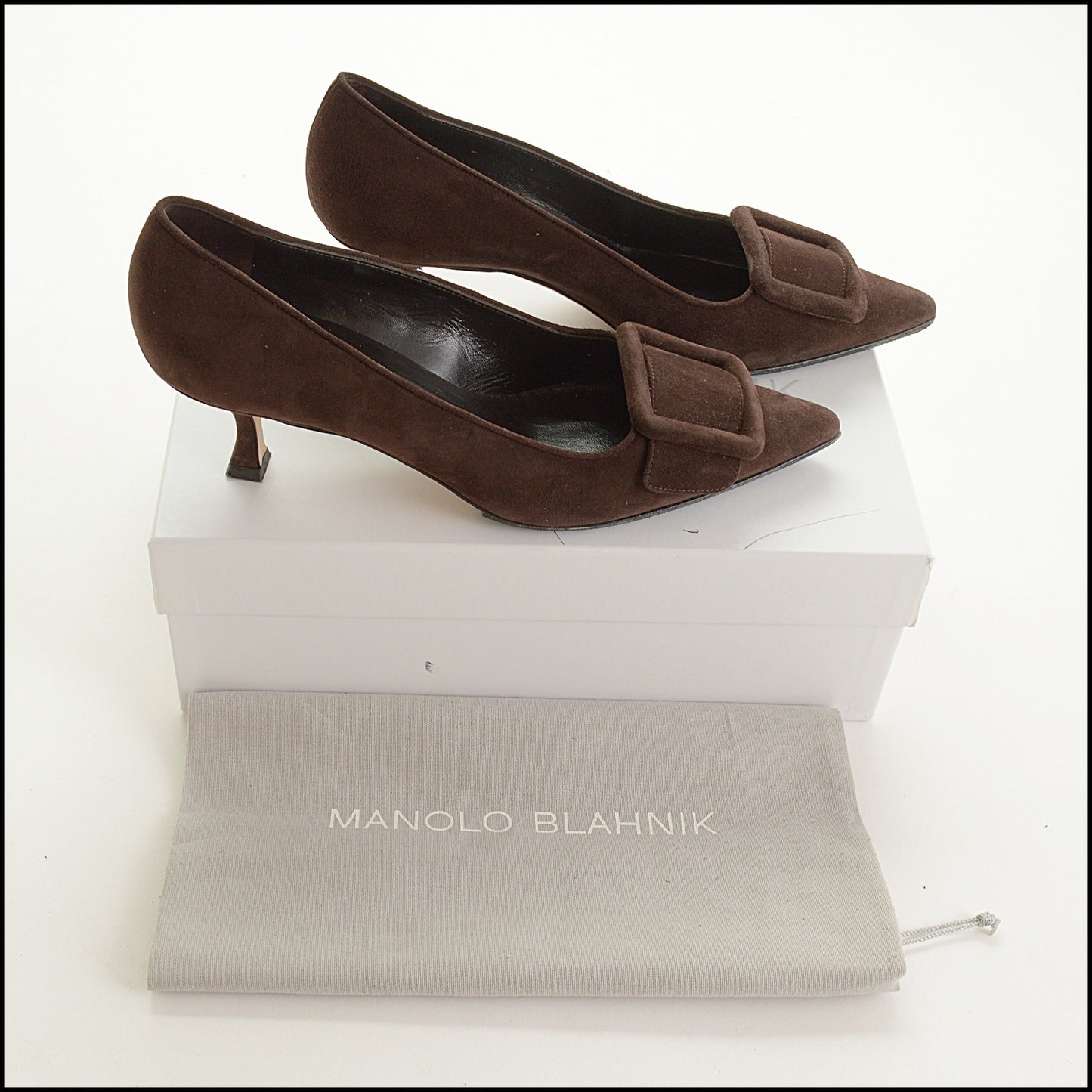 RDC15530 MANOLO BLAHNIK Brown Suede Maysale Buckle 50mm Heel Pumps Size 38.5