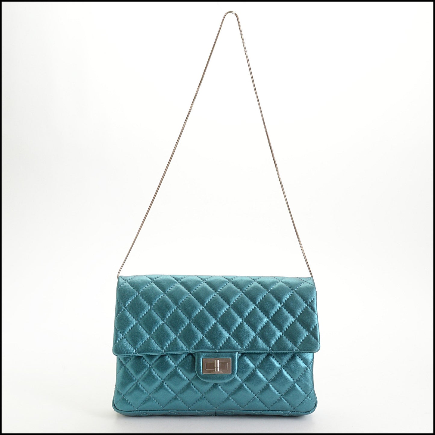 RDC14970 CHANEL '08-09 Teal Metallic Reissue Flap Clutch Snake Chain Shoulder Bag