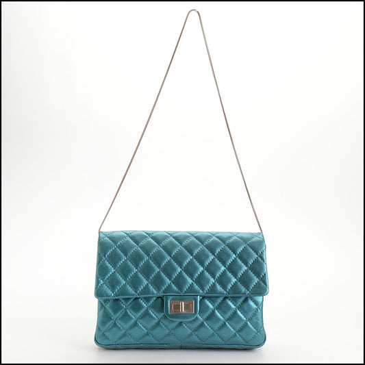 RDC14970 CHANEL '08-09 Teal Metallic Reissue Flap Clutch Snake Chain Shoulder Bag