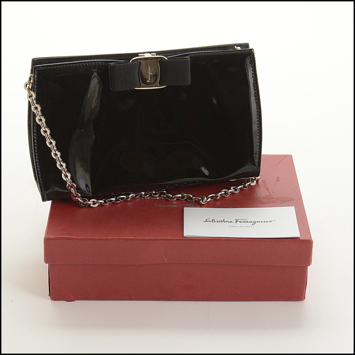 RDC15628 FERRAGAMO Black Patent Miss Vara Bow Clutch Bag