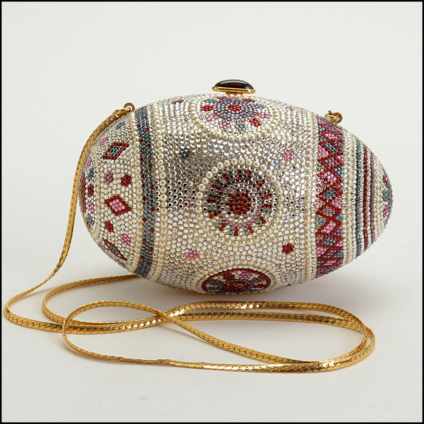RDC14971 JUDITH LEIBER Mosaic Decorated Egg Crystal & Pearl Minaudiere Bag