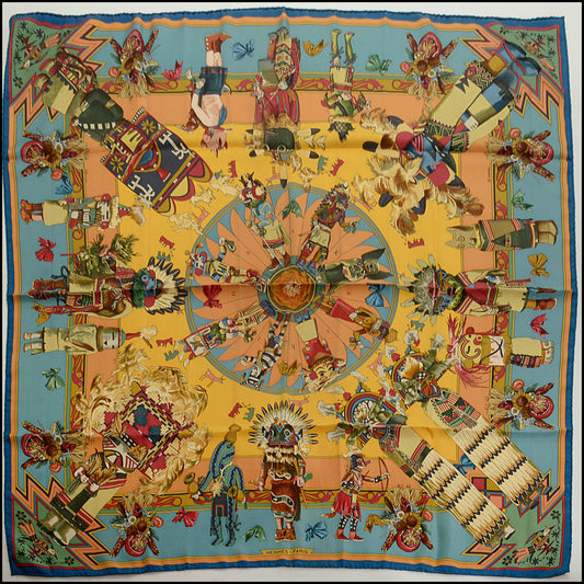 RDC15088 HERMES Vintage Blue Multicolor "Kachinas" 90 Silk Scarf Kermit Oliver