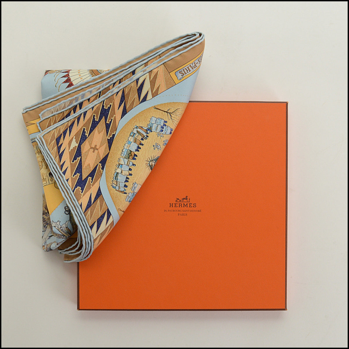 RDC15676 HERMES Light Blue/Tan ''Les Danses Des Indiens'' Scarf Kermit Oliver