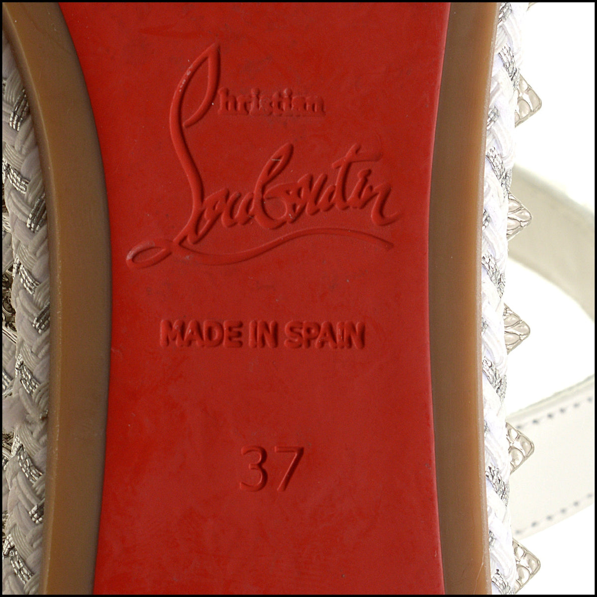 RDC15655 CHRISTIAN LOUBOUTIN White Leather Silver Studs Pyraclou Wedge Sandals Size 37