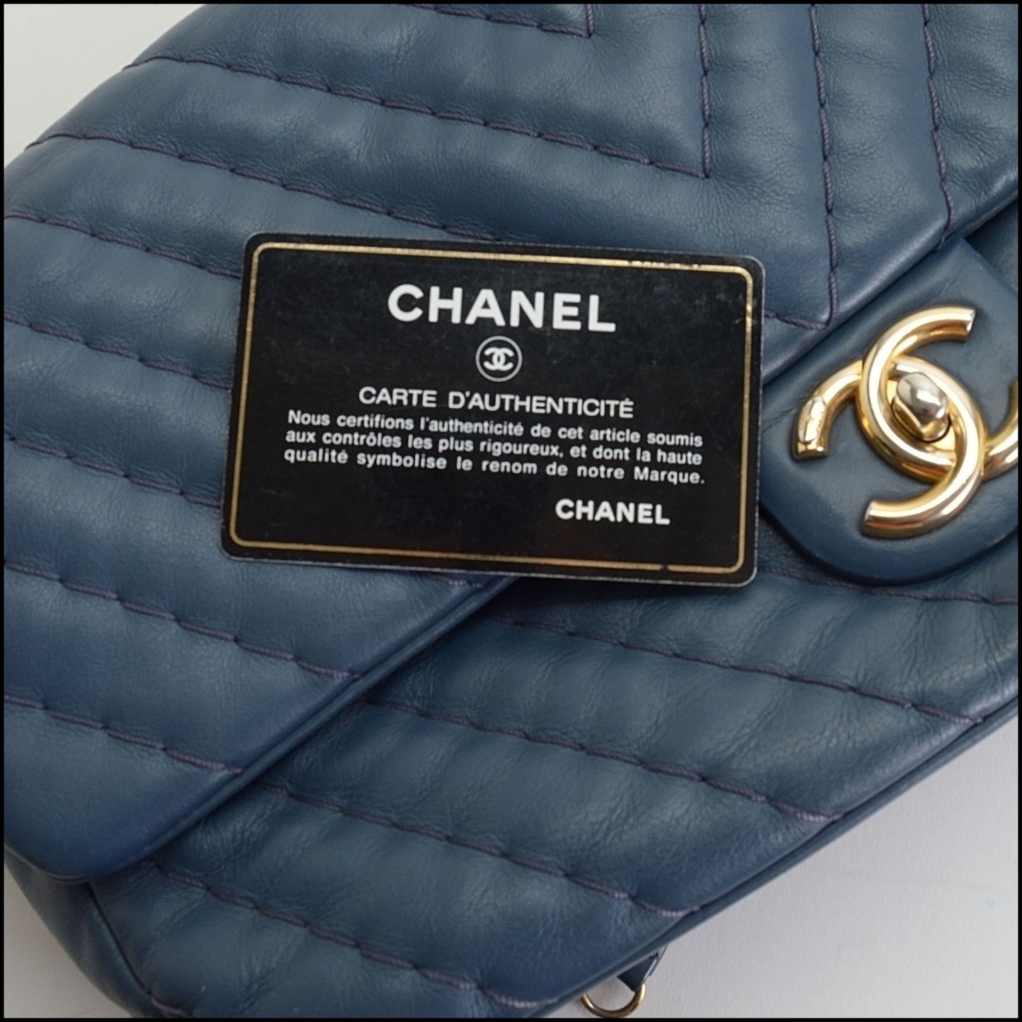 RDC14086 Authentic CHANEL '12 Blue Calfskin Leather Jumbo Chevron Medallion Single Flap Bag