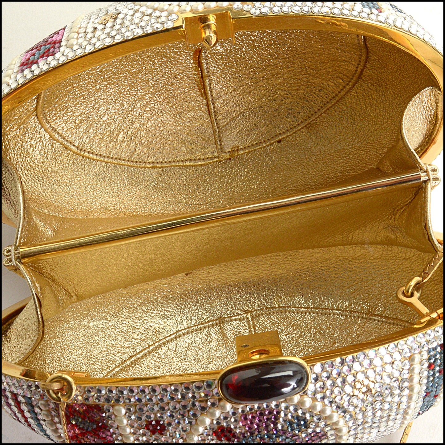 RDC14971 JUDITH LEIBER Mosaic Decorated Egg Crystal & Pearl Minaudiere Bag