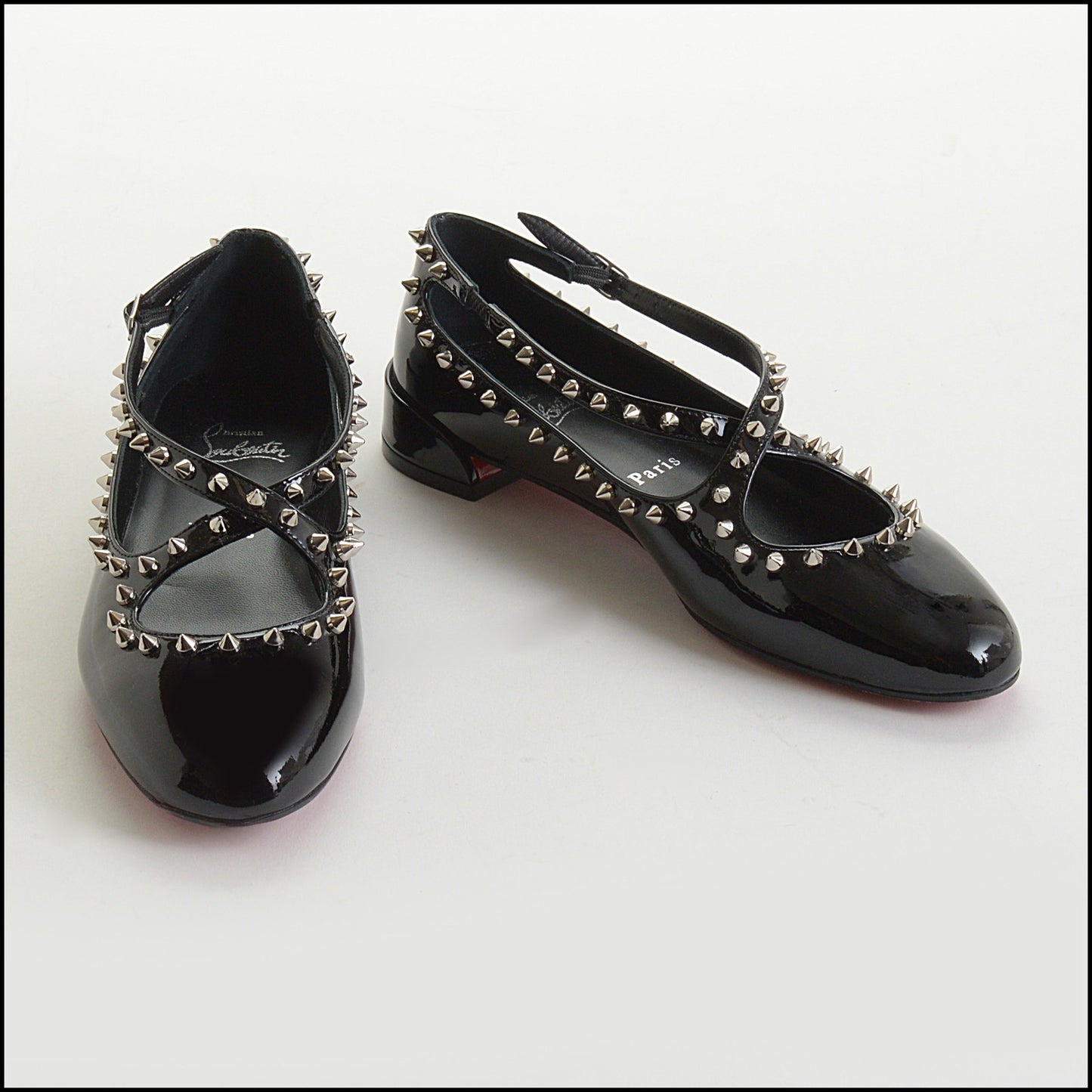 RDC14558 CHRISTIAN LOUBOUTIN Black Patent Leather Studded Pilouta Jane Flats Size 37