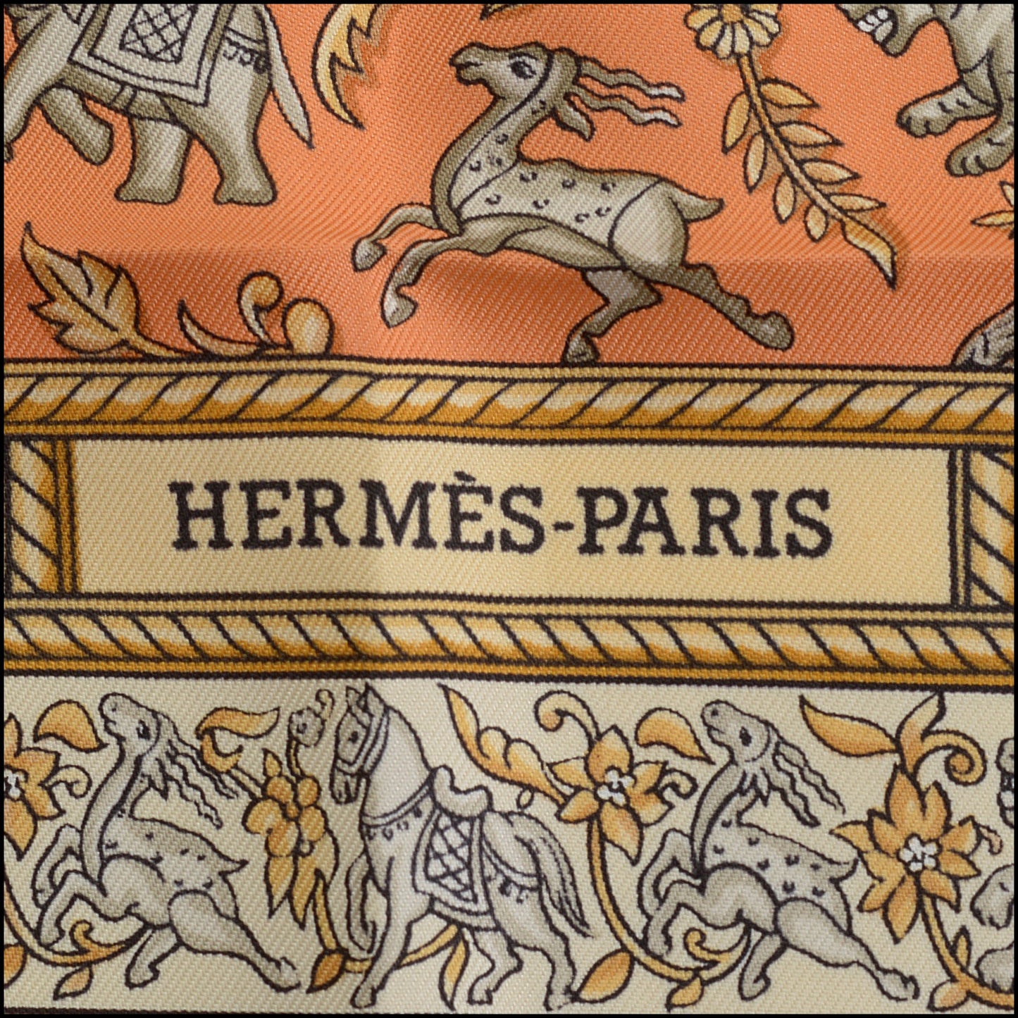 RDC14393 Authentic HERMES Orange/Gold/Silver Chasse en Inde 90cm Silk Scarf