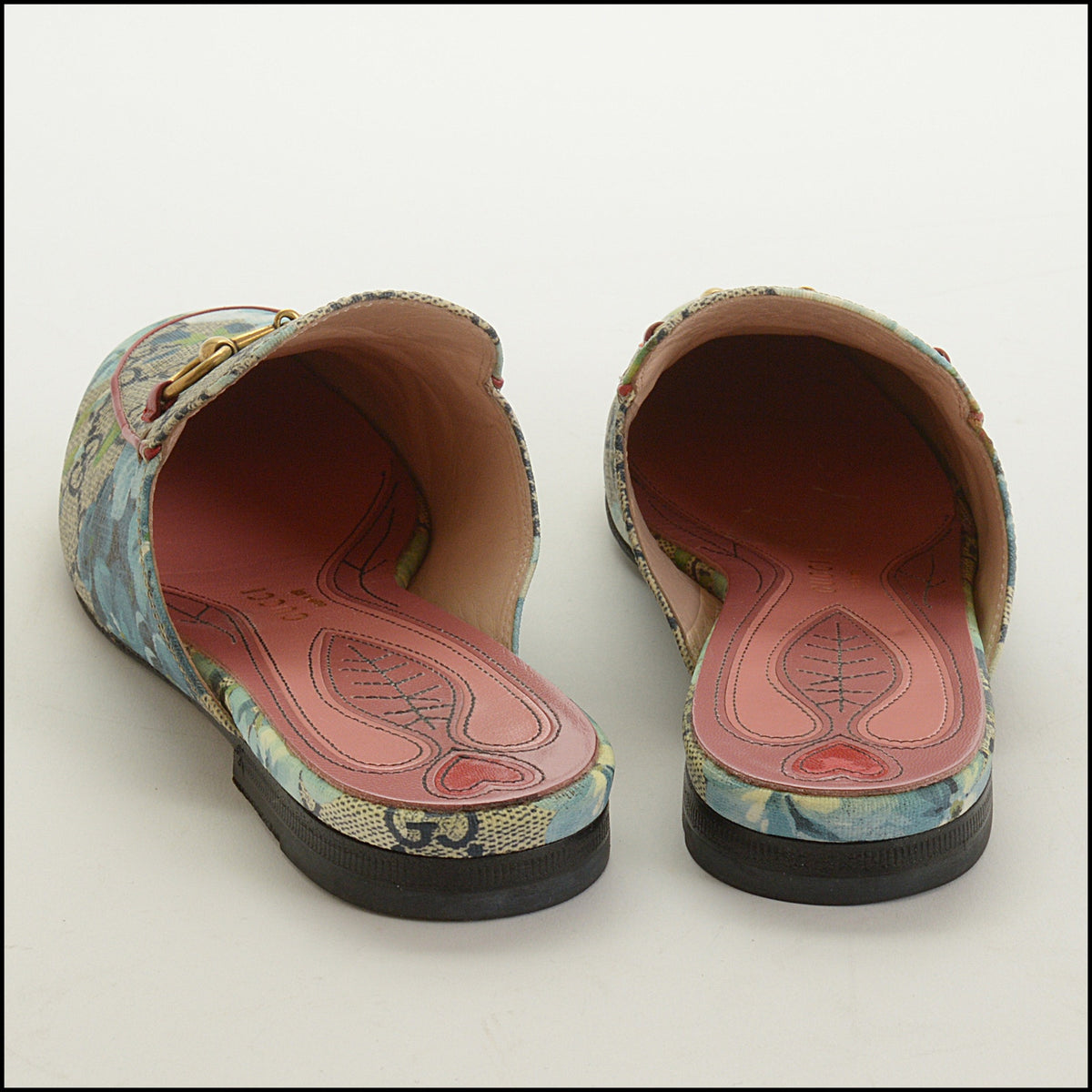 RDC15706 GUCCI Blue GG Blooms Monogram Princetown Horsebit Slipper Mules