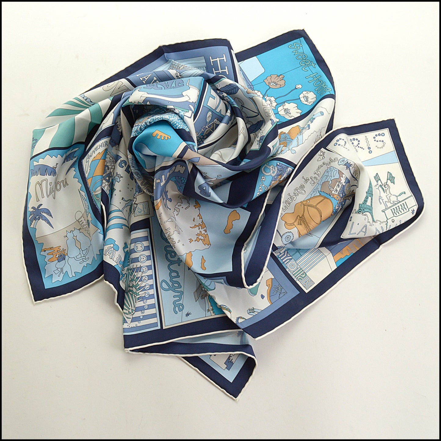RDC15608 HERMES Blue / Multi "Favoris des Lieux" 90 Silk Scarf