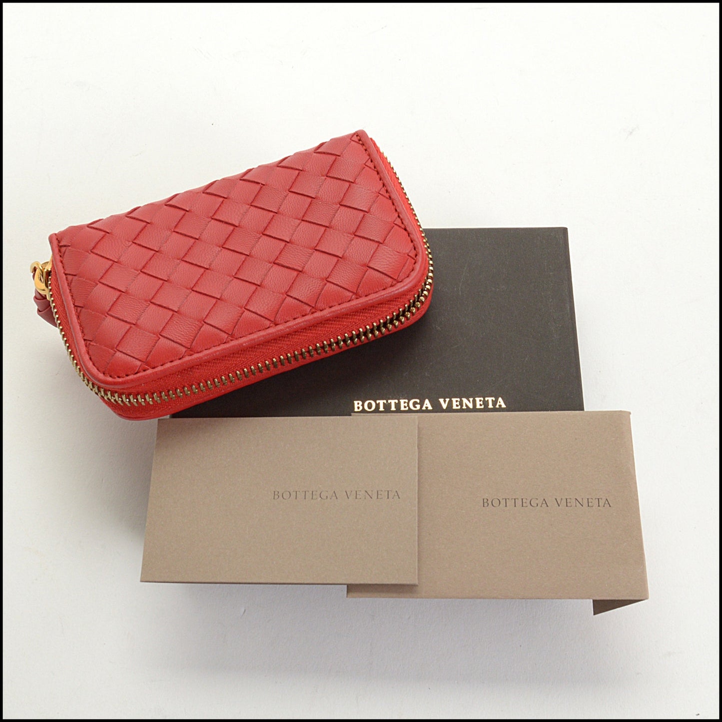 RDC14743 BOTTEGA VENETA Lipstick Red Nappa Intrecciato Zipped Card Case Wallet