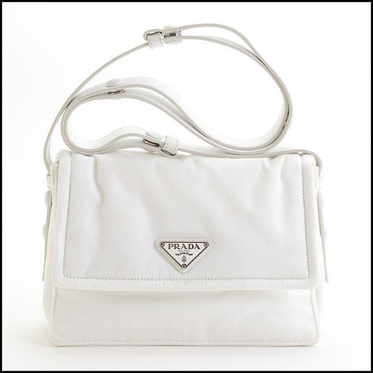 RDC13463 Authentic PRADA White Re-Nylon Tessuto Vitello Small Shoulder Bag