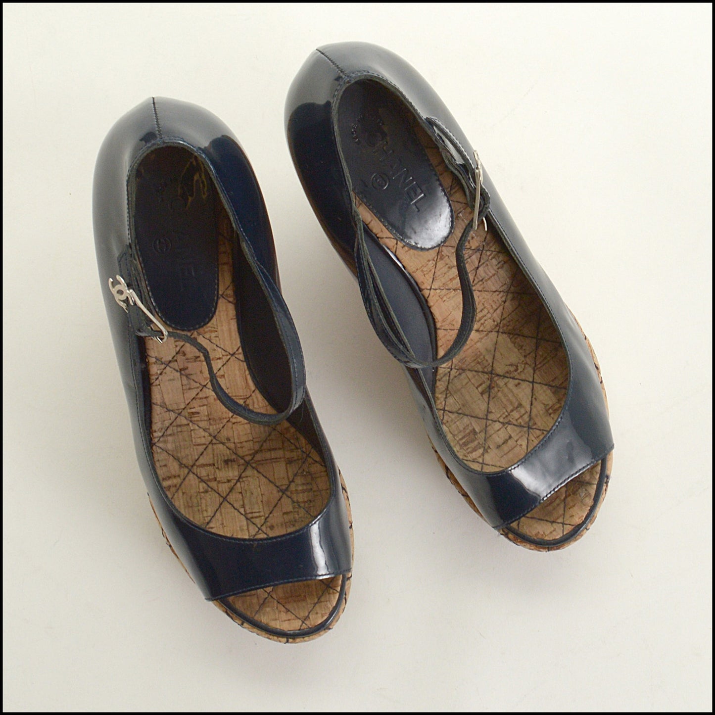RDC15186 CHANEL Navy Patent Leather Quilted Cork Platforms Size 37.5
