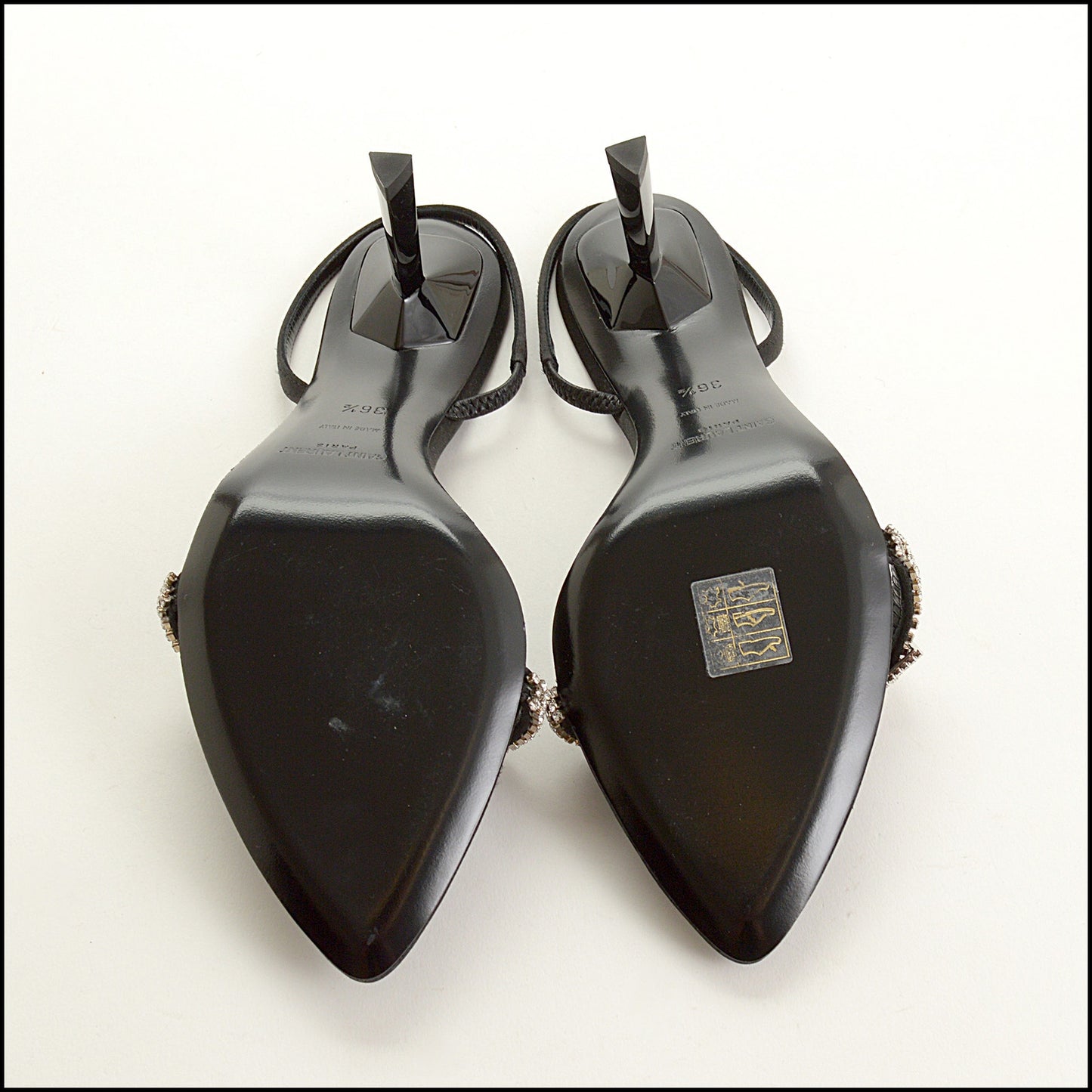 RDC15553 SAINT LAURENT Black Crystal Rendezvous Satin Crepe Sandals Size 36.5