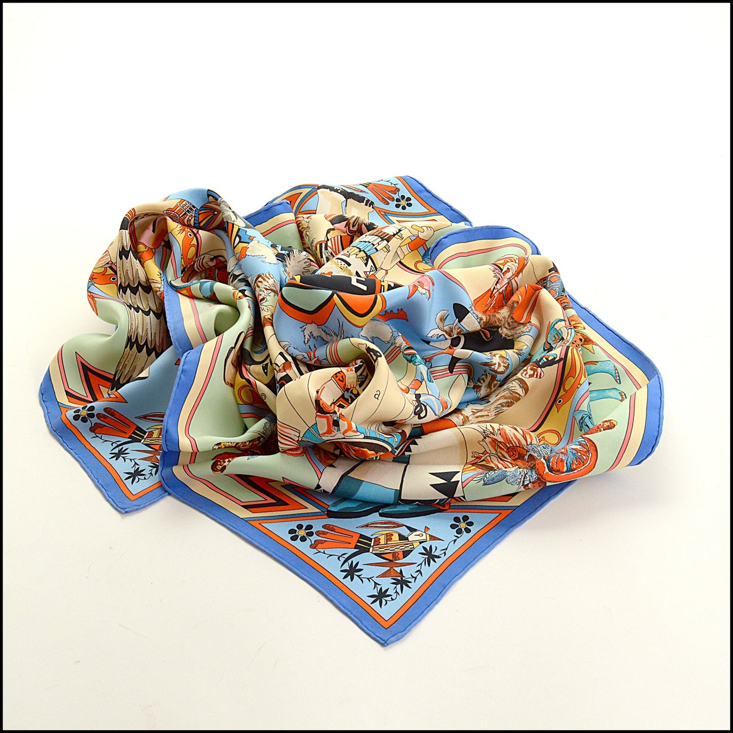 RDC15417 HERMES Blue Kachinas Kermit Oliver Silk Scarf 90cm