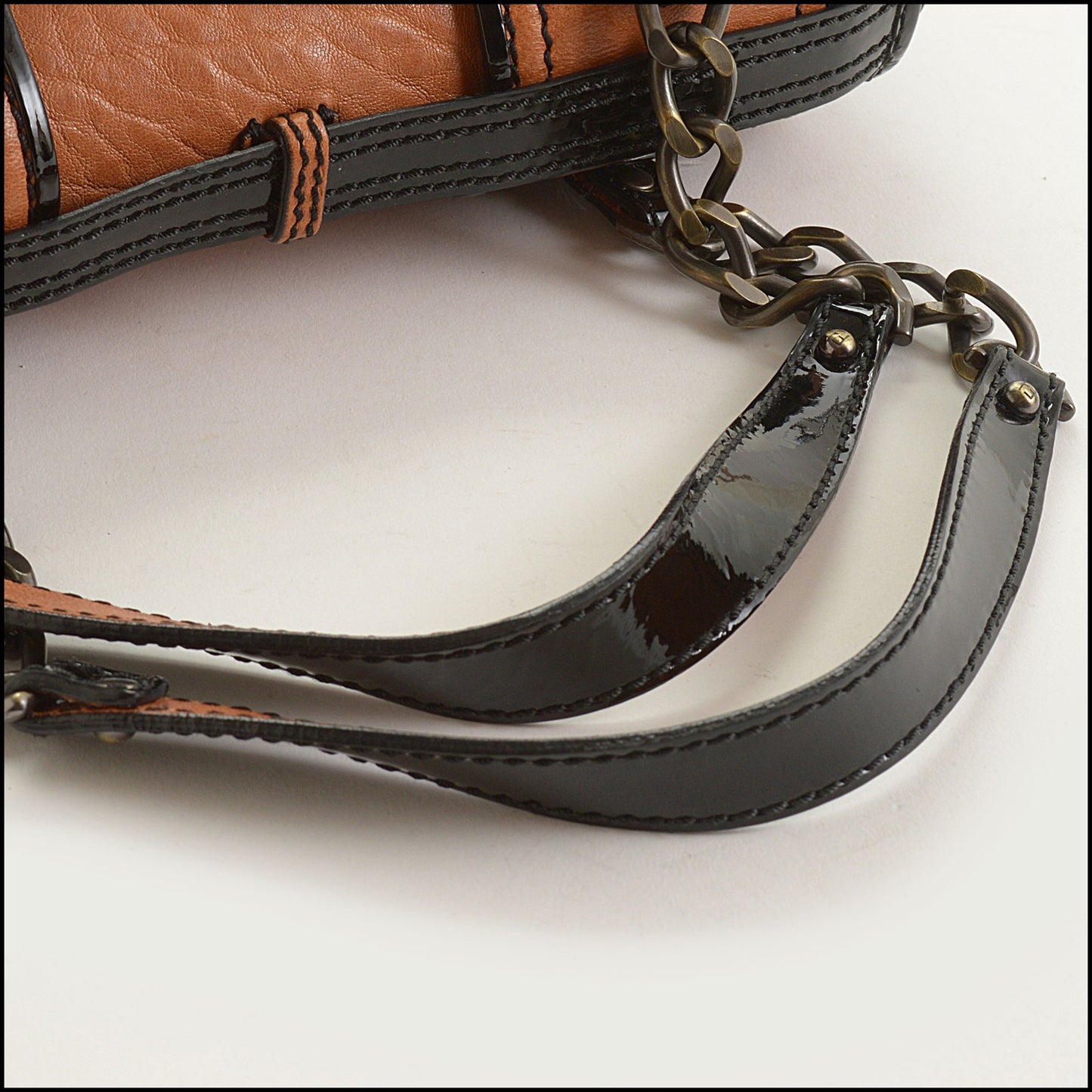 RDC15596 FENDI Black Patent / Saddle Brown Leather B-Bag Flap