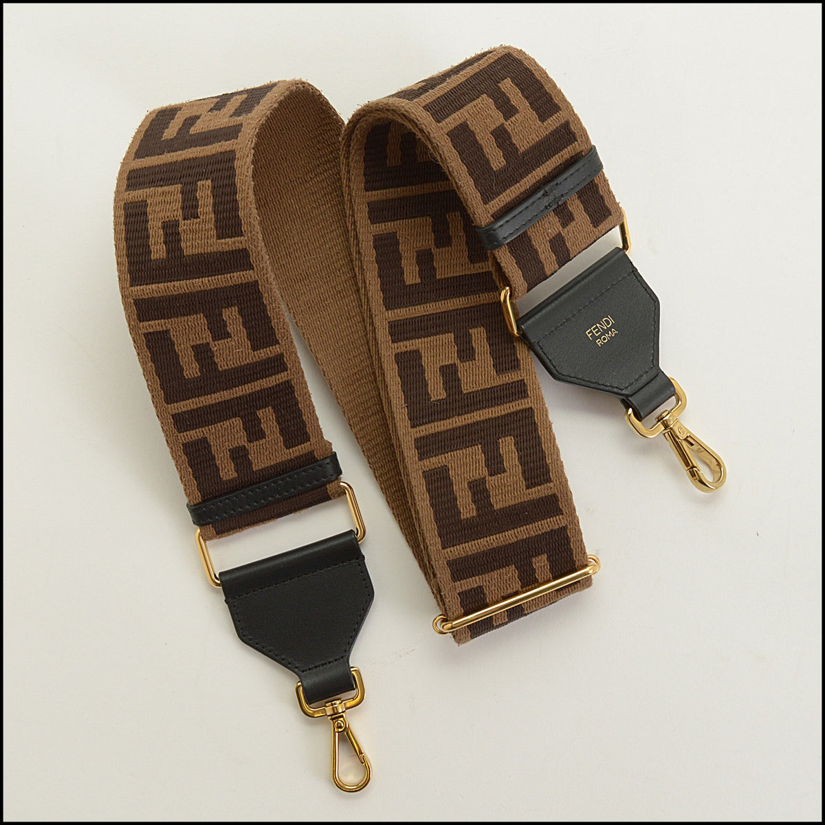 RDC15681 FENDI Brown Zucca Canvas & Black Leather FF Strap You Wide Shoulder Strap