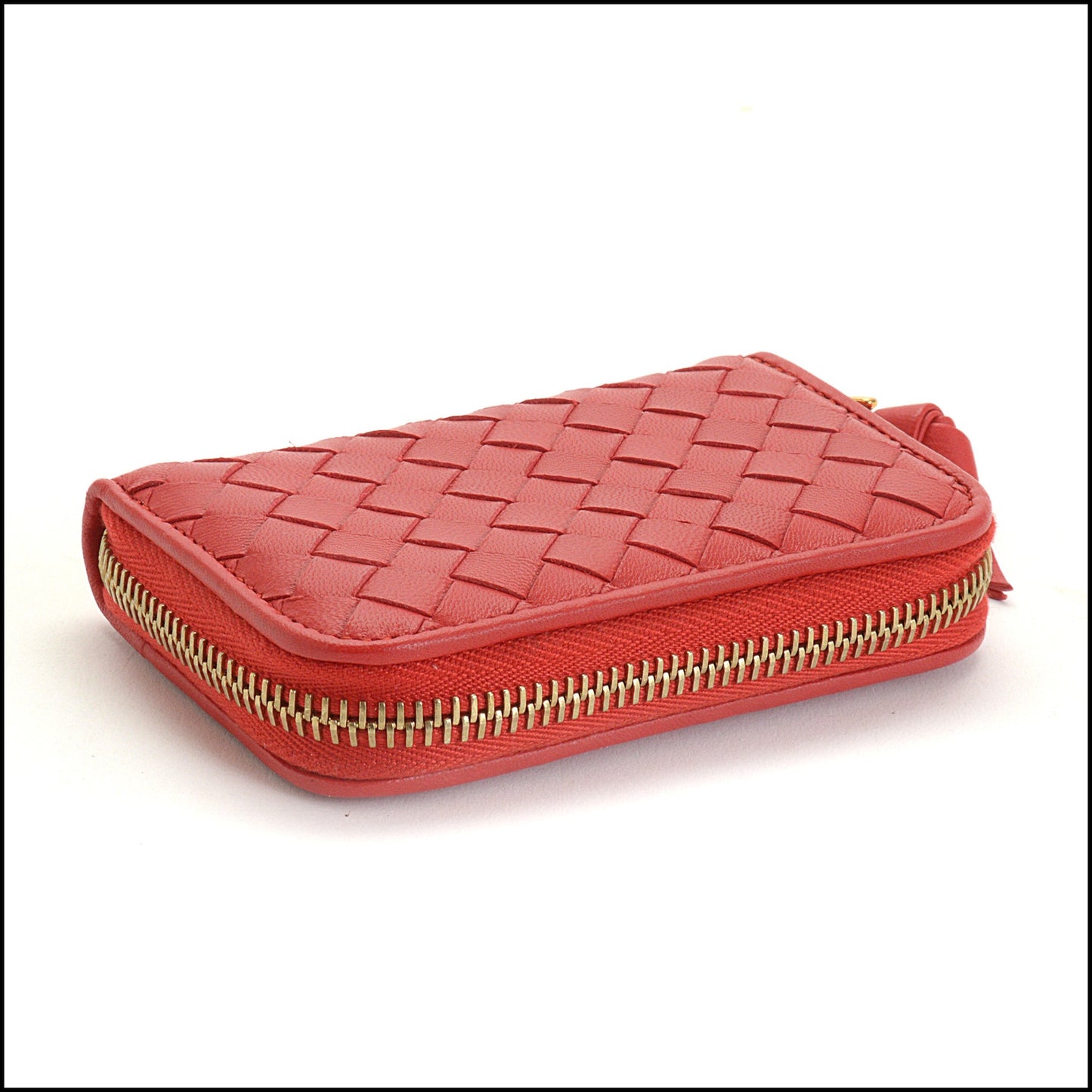 RDC14743 BOTTEGA VENETA Lipstick Red Nappa Intrecciato Zipped Card Case Wallet