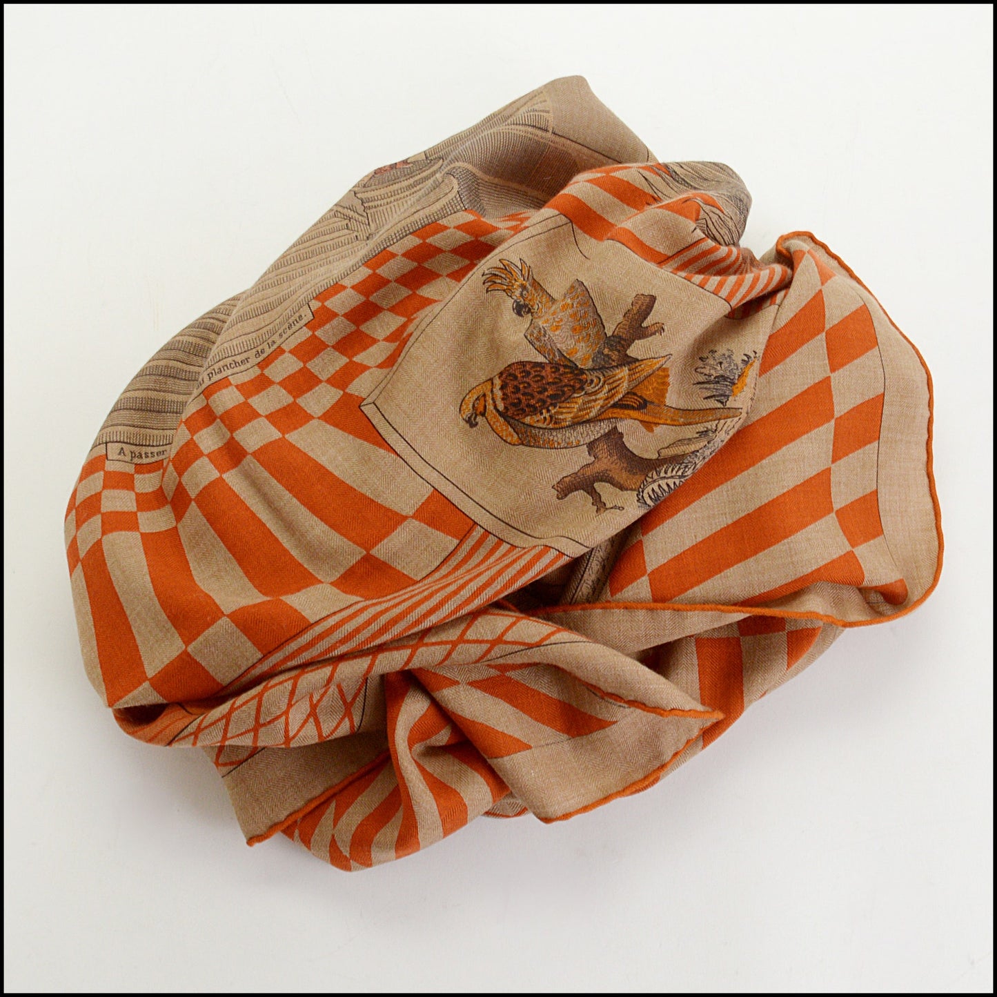 RDC14923 HERMES Orange/Beige Cashmere Silk "Grand Theatre Nouveau" 140 Large Shawl/Scarf