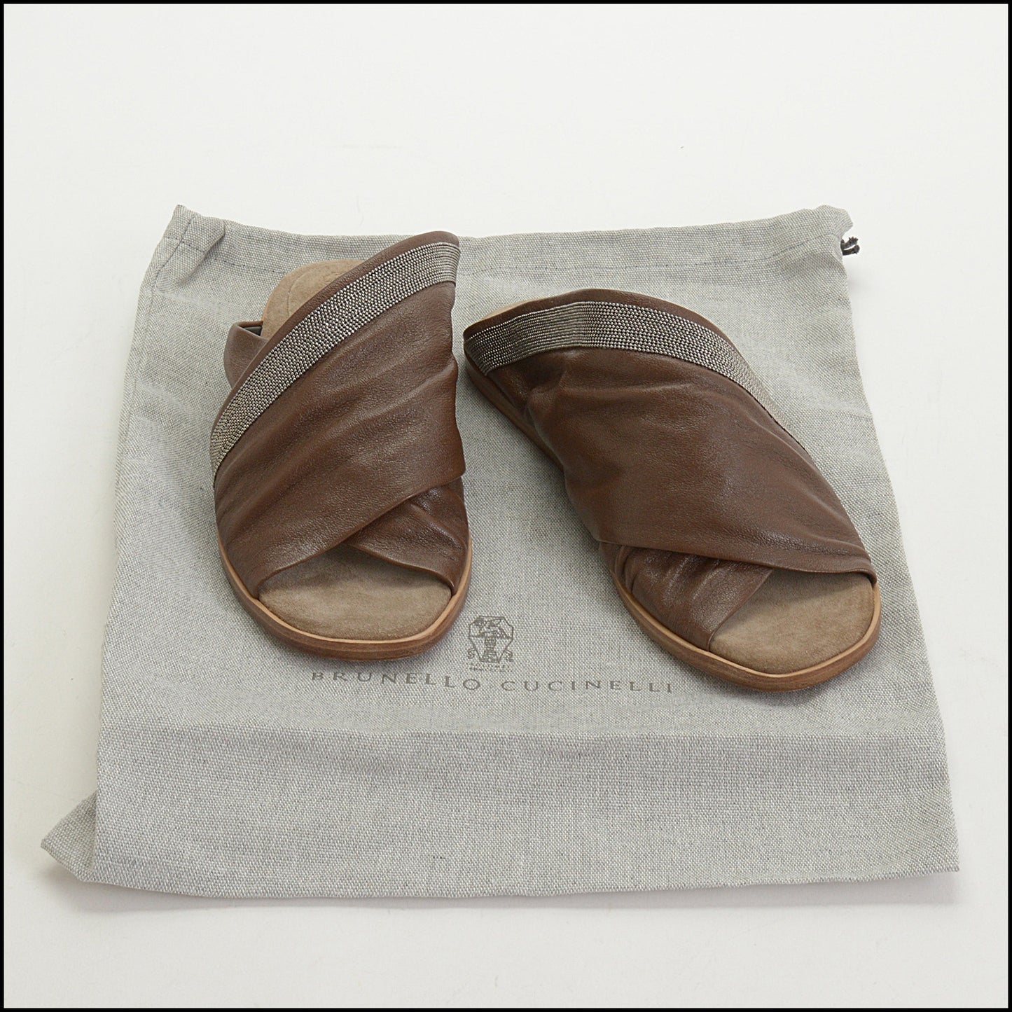 RDC14960 Authentic BRUNELLO CUCINELLI Brown Leather Monili Beaded Accent Slides Size 39
