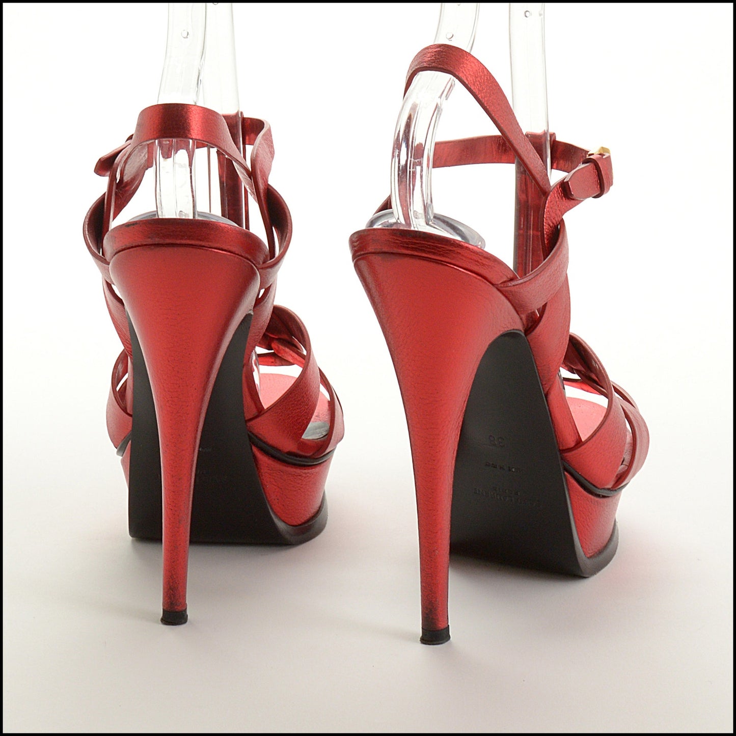 RDC15198 SAINT LAURENT Metallic Red Leather Tribute Platform Heels Size 38