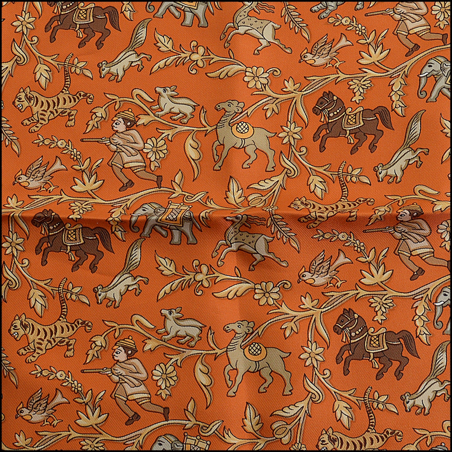 RDC14393 Authentic HERMES Orange/Gold/Silver Chasse en Inde 90cm Silk Scarf