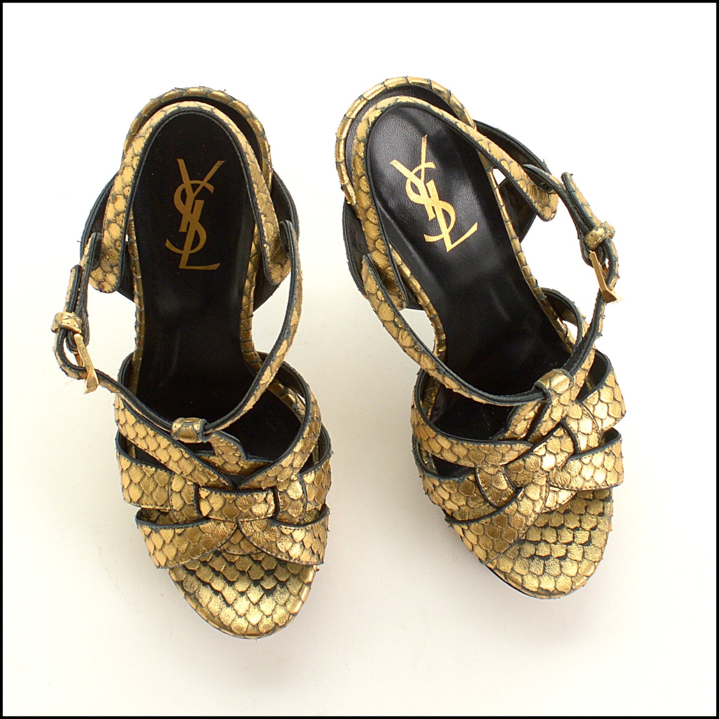 RDC15210 SAINT LAURENT Gold Tribute Snakeskin Effect Platform Heels Size 38