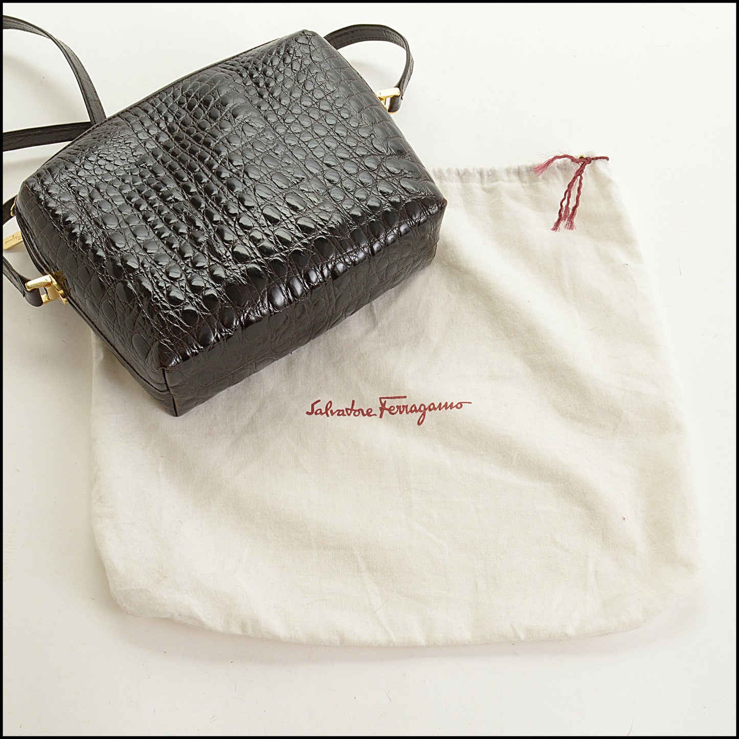 RDC15380 FERRAGAMO Dark Brown Crocodile Embossed Shoulder Bag
