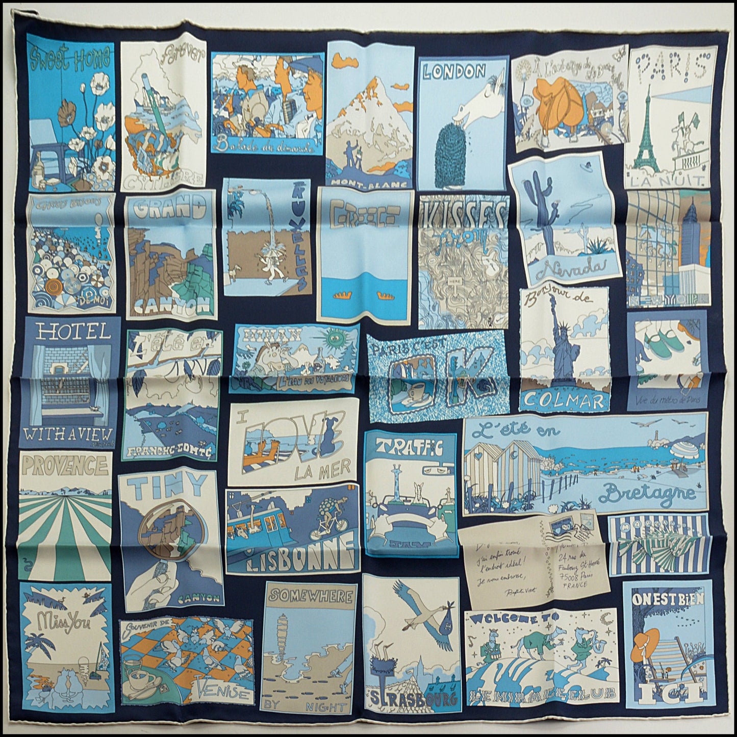 RDC15608 HERMES Blue / Multi "Favoris des Lieux" 90 Silk Scarf