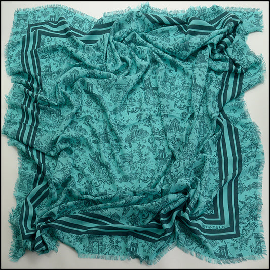 RDC15224 TIFFANY & CO. Blue Toile Silk and Cashmere Scarf 140cm