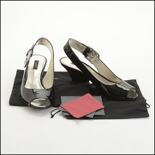 RDC14767 DOLCE & GABBANA Black Patent Peep Toe Slingback Heels 37.5