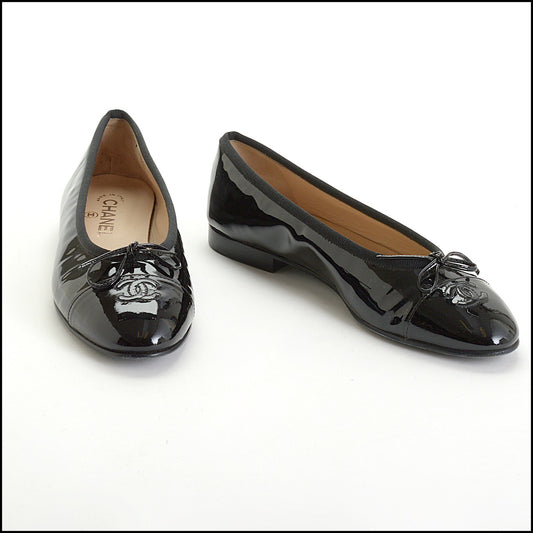 RDC14611 CHANEL Black Patent Leather Ballet Flats Size 39
