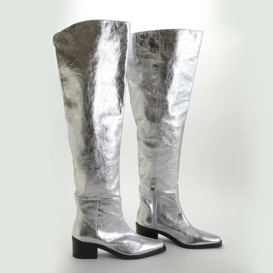 RDC14664 STUART WEITZMAN Silver Crushed Metallic Leather SWxAknvas Scrunch Boot Size 9.5B