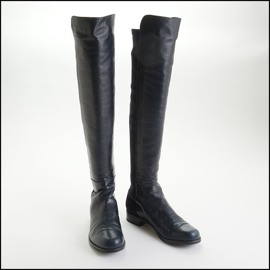RDC14428 Stuart Weitzman Navy Nappa Leather/Black Stretch Knee-High Boots