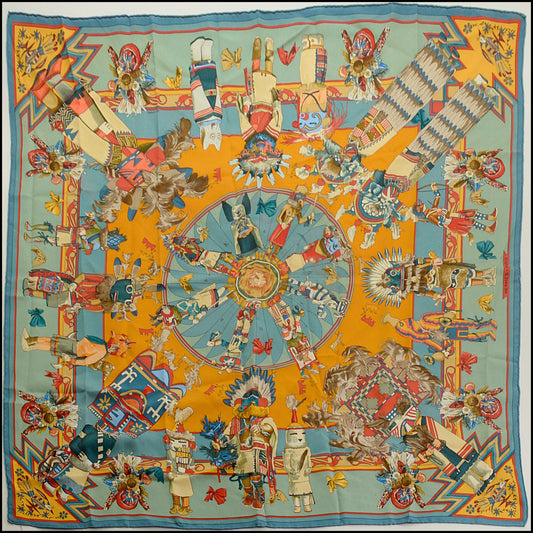 RDC15454 HERMES Blue/Gold Kachinas Silk Scarf 90cm Kermit Oliver