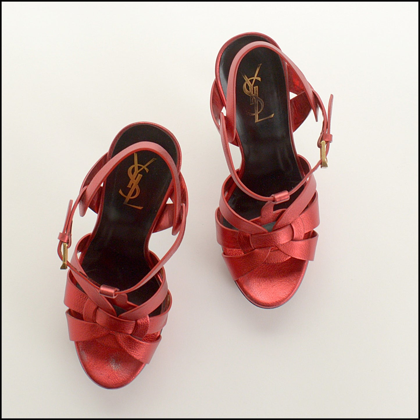 RDC15198 SAINT LAURENT Metallic Red Leather Tribute Platform Heels Size 38