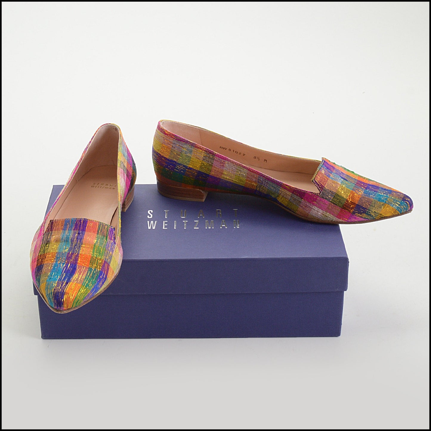 RDC14434 Stuart Weitzman Multicolor Check Tinsel Silk Rialto Flats Size 8.5