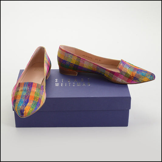 RDC14434 Stuart Weitzman Multicolor Check Tinsel Silk Rialto Flats Size 8.5
