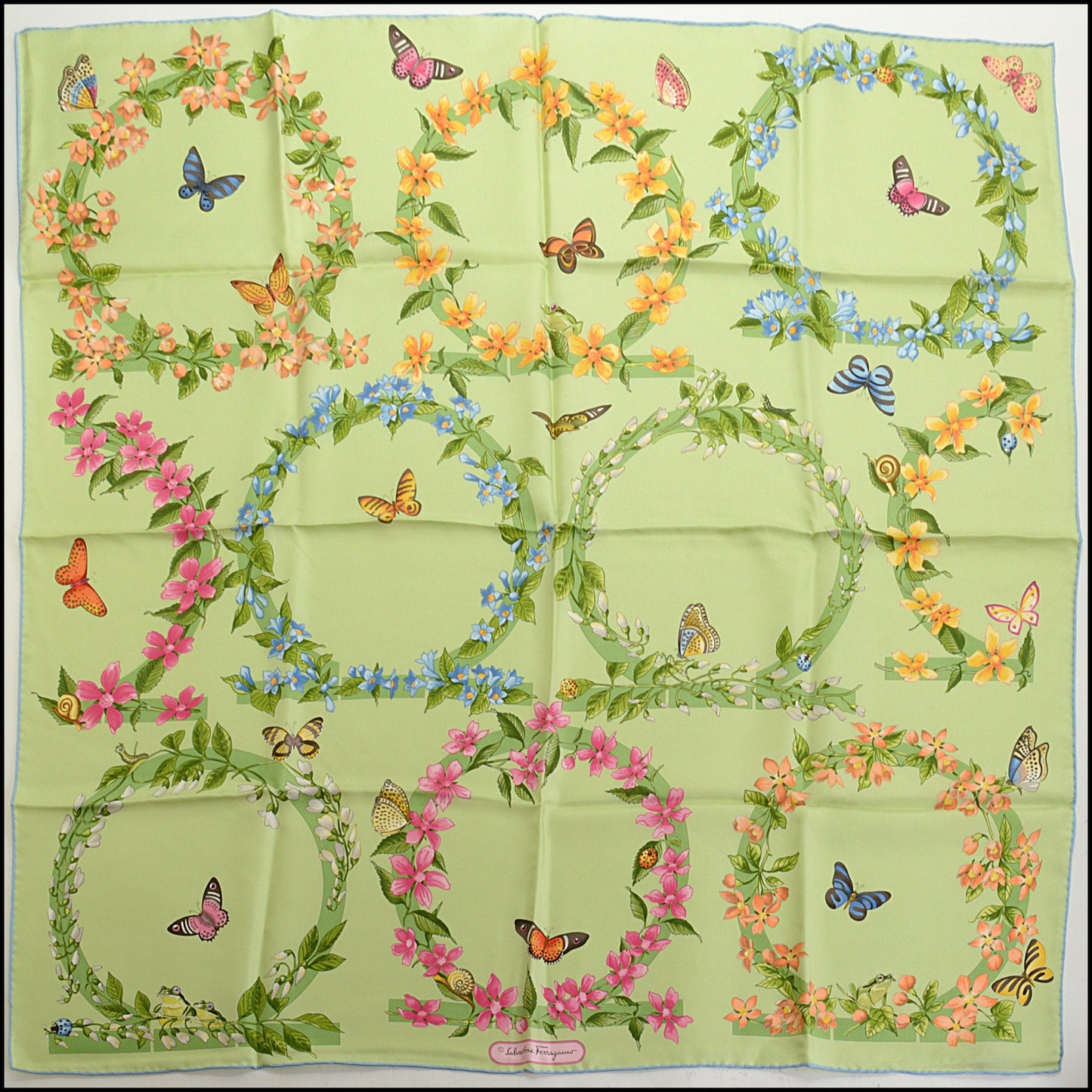 RDC14889 FERRAGAMO Light Green/Multi Gancini Floral Silk Scarf