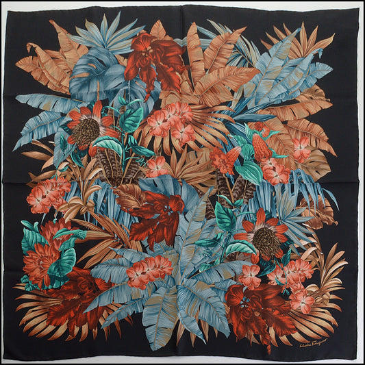 RDC14259 Authentic SALVATORE FERRAGAMO Copper/Multicolor Foliage 90cm Silk Scarf