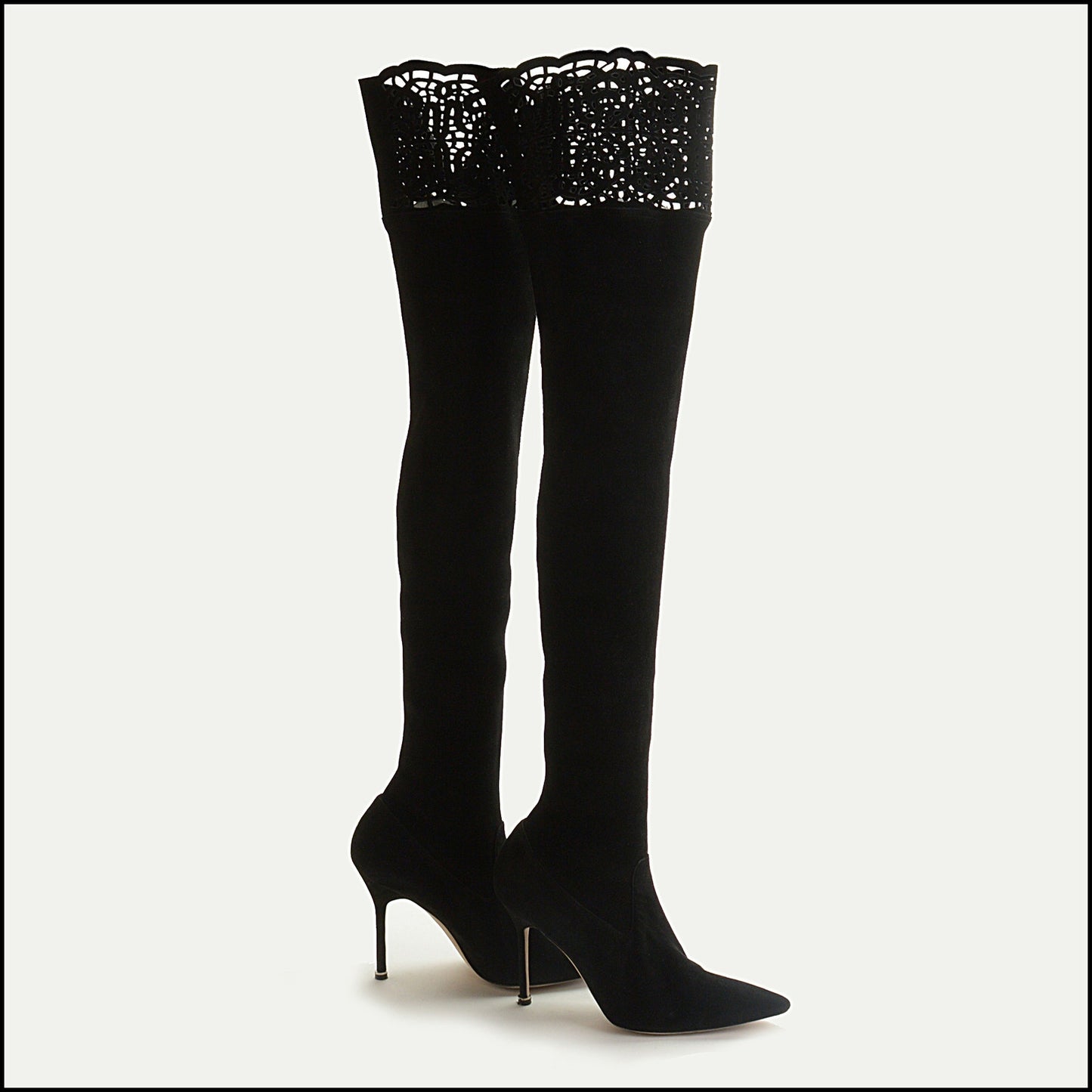 RDC15299 MANOLO BLAHNIK Black Suede Laser-Cut Over The Knee Boots Size 40