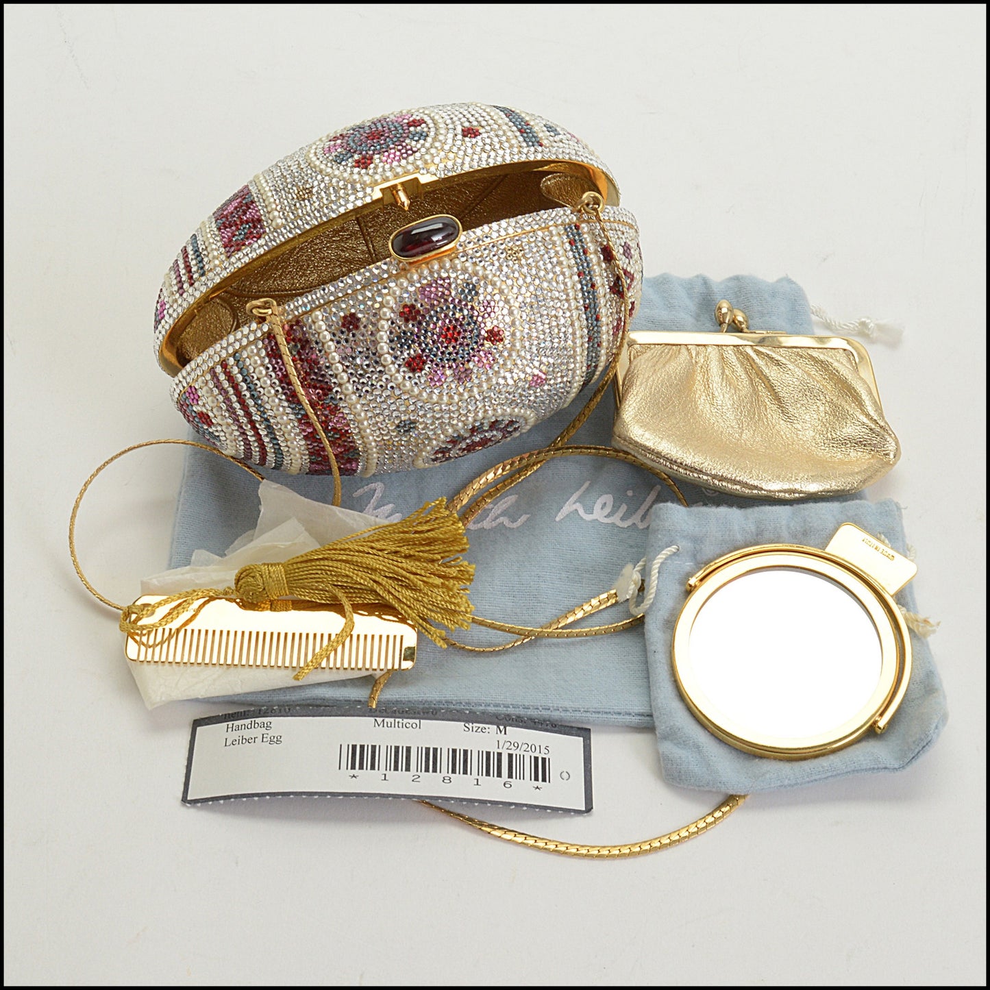 RDC14971 JUDITH LEIBER Mosaic Decorated Egg Crystal & Pearl Minaudiere Bag